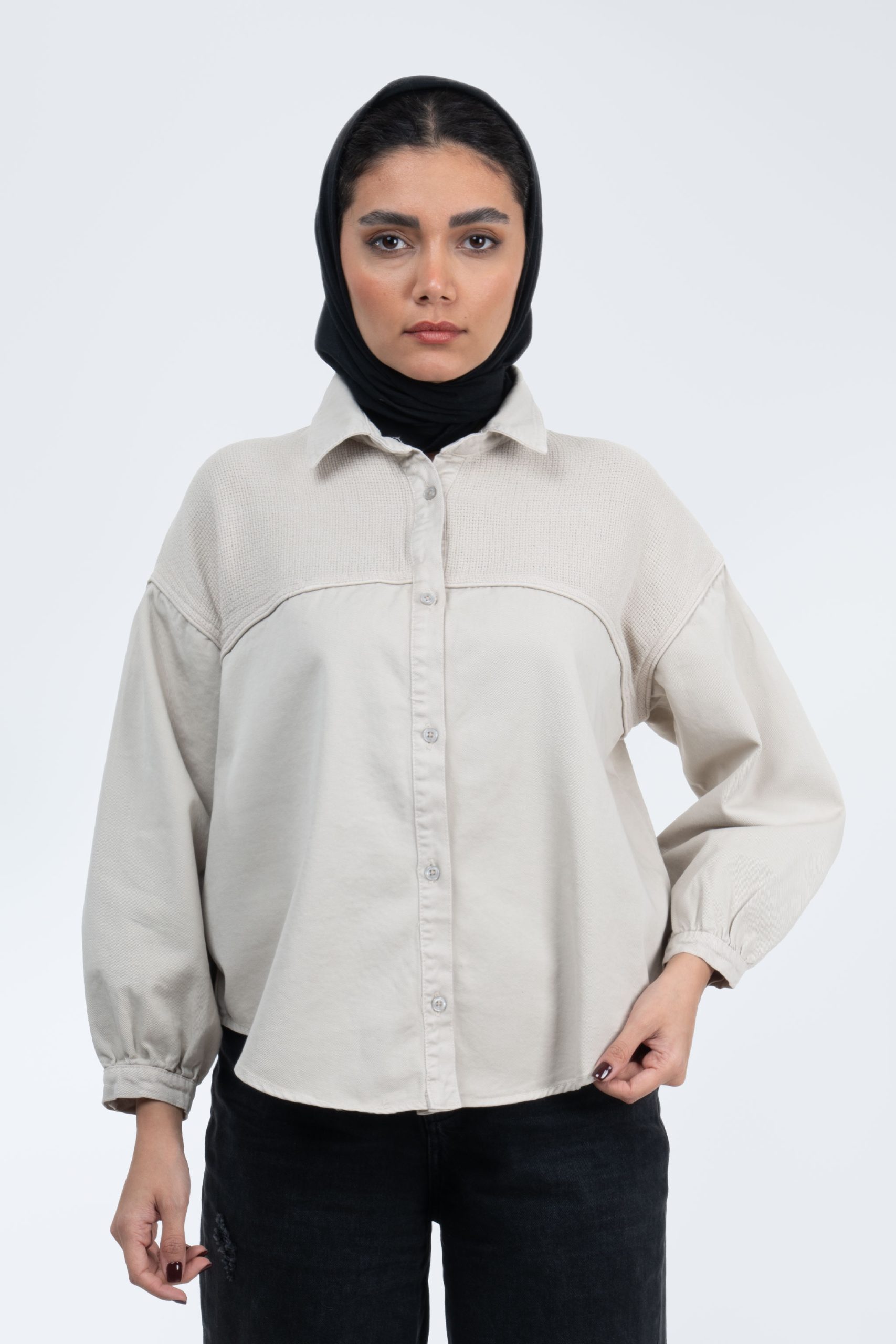 شومیز کتان حصیری ترکیبی استخوانی