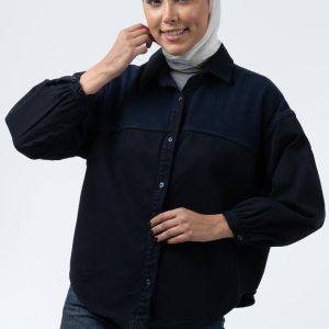 شومیز کتان حصیری ترکیبی سرمه‌ای 0005971