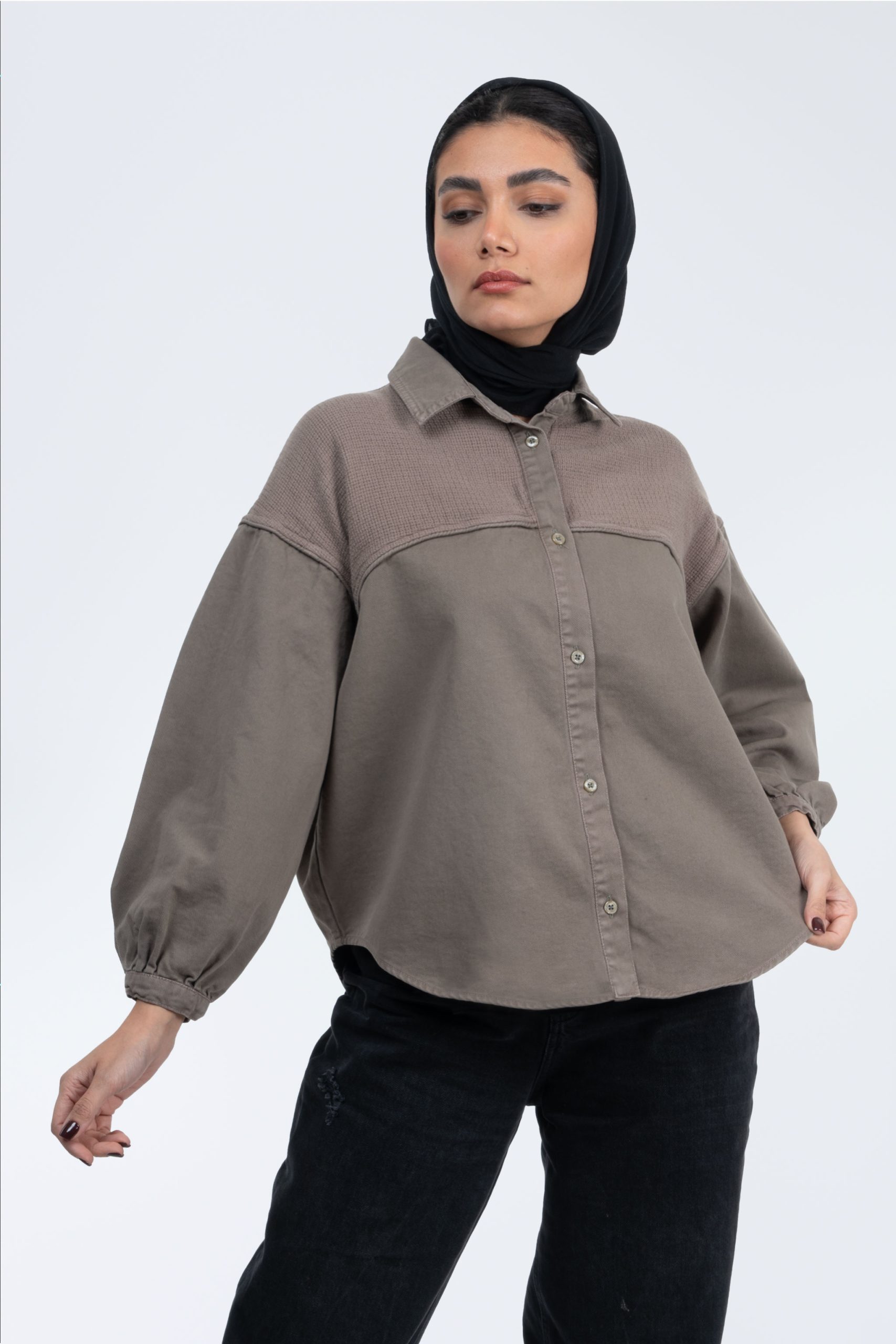 استایل شومیز کتان حصیری ترکیبی سبز سدری تیره
