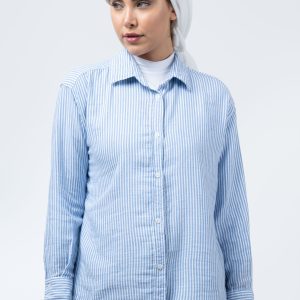 شومیز نخ پنبه راه راه سفید آبی