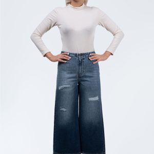 شلوار جین واید لگ کمر ساده زاپ دار آبی تیره