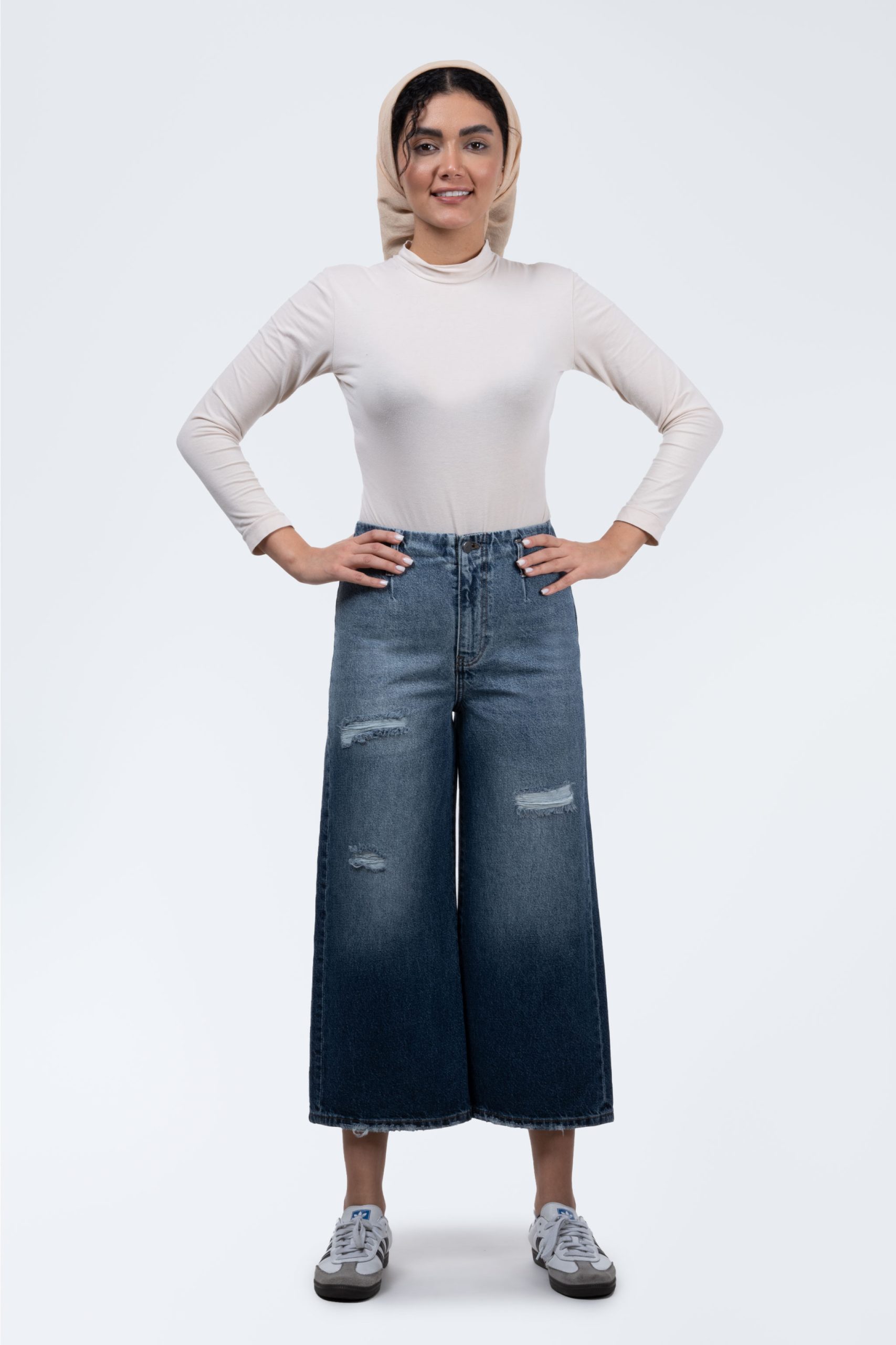 شلوار جین واید لگ کمر ساده زاپ دار آبی تیره