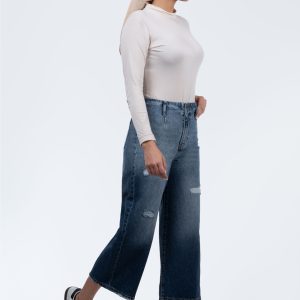شلوار جین واید لگ کمر ساده زاپ دار آبی تیره 521526