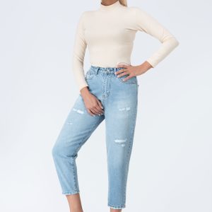 شلوار جین مام استایل زاپ دار آبی روشن