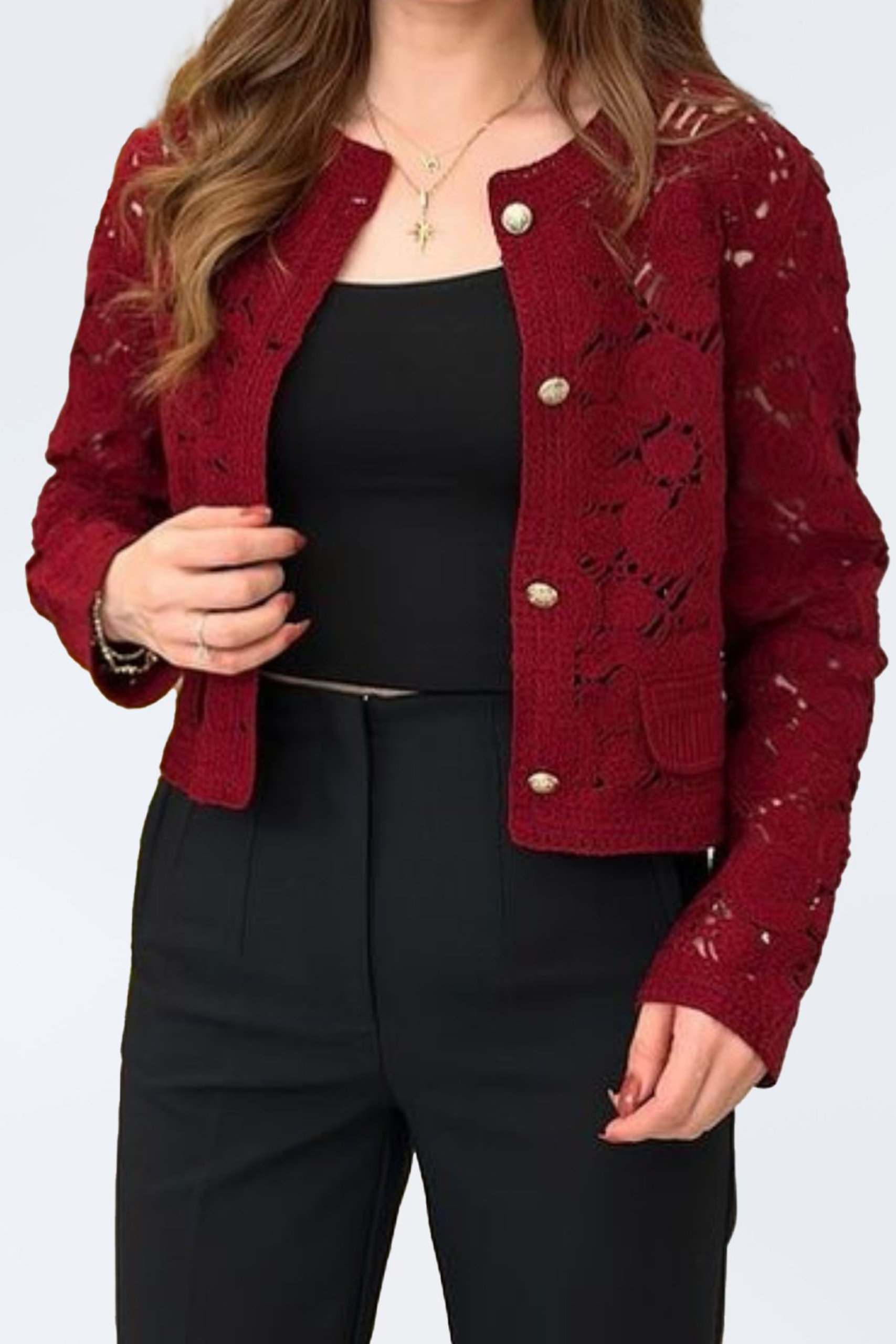 ژاکت قلاب بافی زرشکی