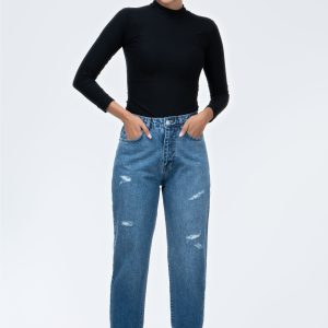 شلوار مام استایل جین زاپ دار آبی تیره