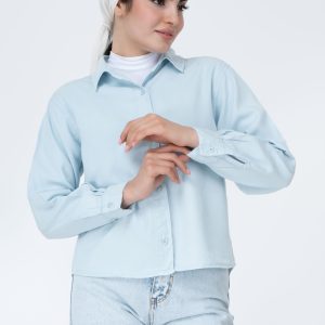 استایل شومیز سیلک نیم‌تنه آبی آسمانی