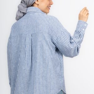 شومیز نخی راه‌راه آبی سفید 206668