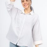 شومیز نخی ترکیبی راه راه سفید نوک مدادی
