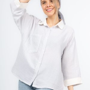 شومیز نخی ترکیبی راه راه سفید نوک مدادی