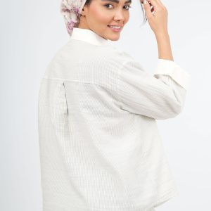 شومیز لینن ترکیبی راه راه سفید سبز روشن 3001269