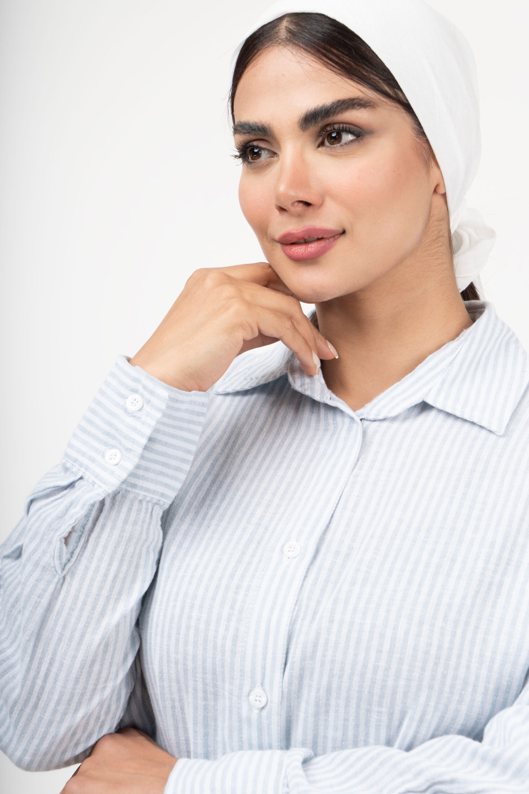 استایل شومیز لینن راه راه سفید آبی